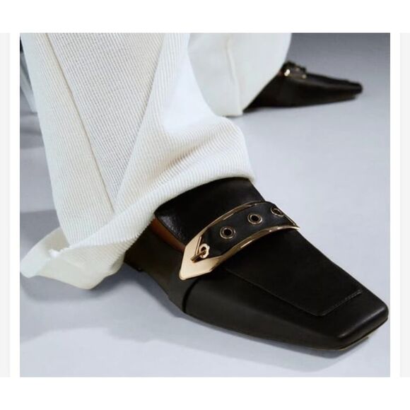 Zara Black Leather Loafers Gold Metal Buckle Square Toe Shoes Size 7.5 US - Picture 1 of 11